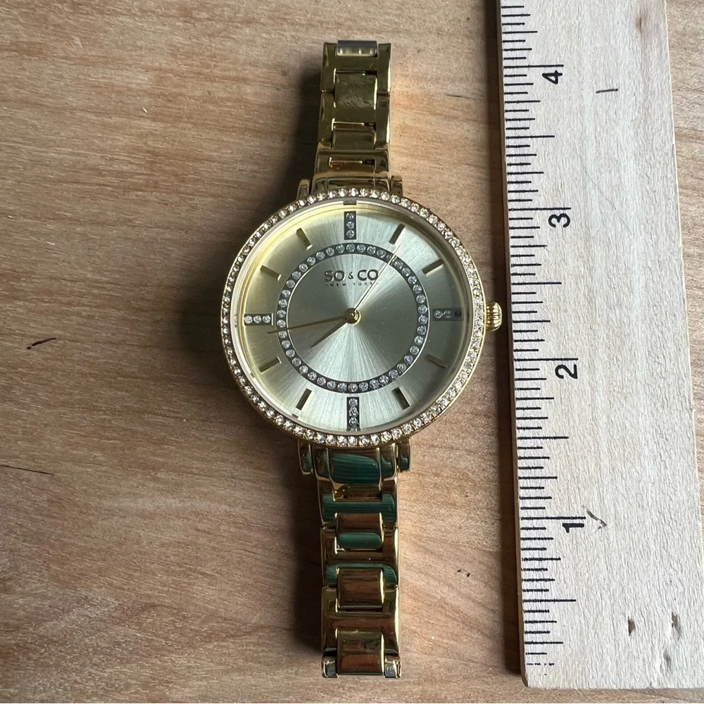 So&CO ladies gold tone crystal watch NEW BATTERY